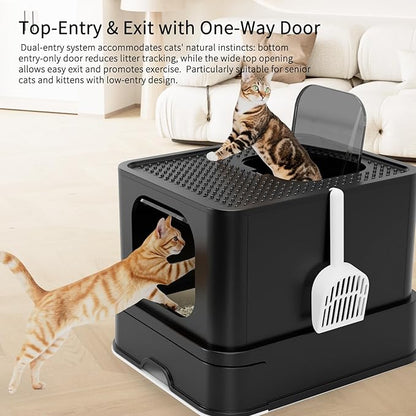 RIZZARI Stainless Steel Cat Box: Spacious Black Enclosed Top-Entry - Teflon Coated Pan Resists Sticking - Reduces Tracking & Odor - Leakproof & Easy to Clean - Fits Large Cats in Living Room Garage