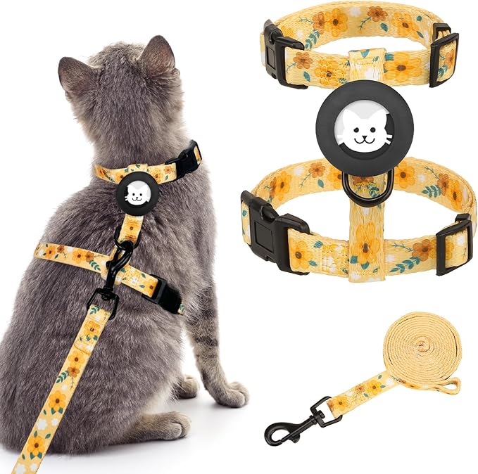BINGPET Cat Harness with Airtag Holder, Cat Harness and Leash Set Escape Proof for Walking Travel Outdoor, Soft Adjustable Kitten Harnesses for Small Medium Large Cats, Yellow Flower(Chest:12.5"-18")