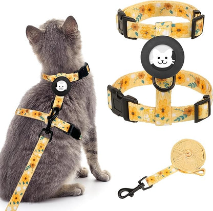 BINGPET Cat Harness with Airtag Holder, Cat Harness and Leash Set Escape Proof for Walking Travel Outdoor, Soft Adjustable Kitten Harnesses for Small Medium Large Cats, Yellow Flower(Chest:12.5"-18")