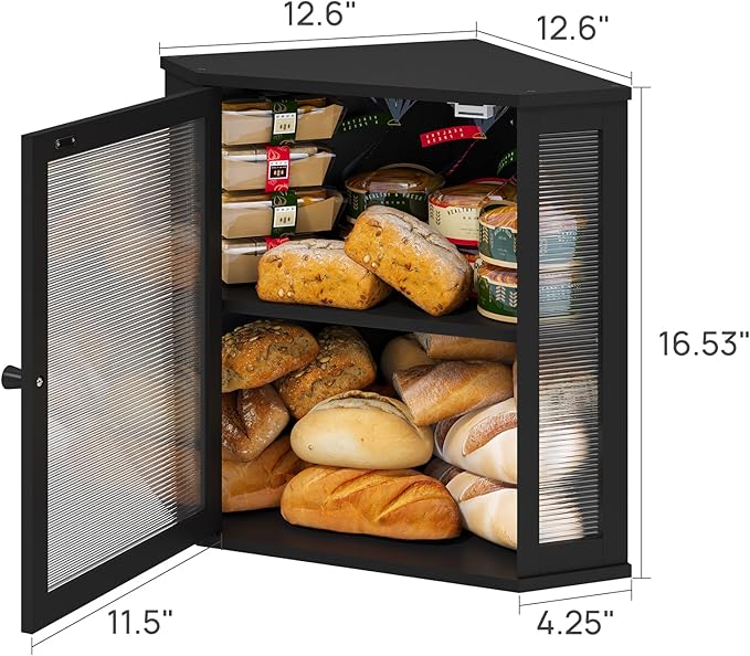 Corner Bread Box for Kitchen Counter, Bamboo Wood Large Capacity Bread Storage Bin with Acrylic Wavy Door Panel (Black, Extra Large)
