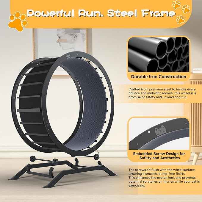 GTRACING Cat Wheels, 40" Diameter, Large Cat Exercise Wheel for Indoor Cats cat Treadmill Metal with Detachable Carpet & Teaser/Stickers, Ultra-Quiet Scroll Wheel with Latch, Safe and Stable, Black