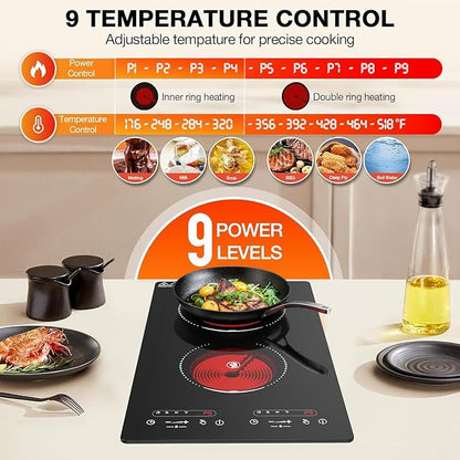 VBGK Electric Cooktop,110V 2100W 2 Burner Electric Cooktop,Countertop and Built-in Stove top with 9 Power Levels,Child Safety Lock, Timer, LED touch control,Overheat Protection