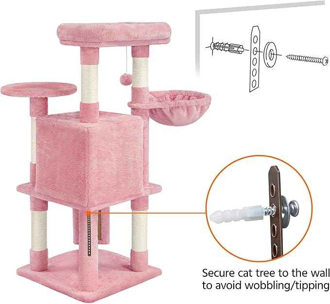Topeakmart 42in Cat Tree Tower for Indoor Cats, Cat Condo with Perch & Hammock, Activity Center, Multi-Level Cat Furniture with Scratching Posts, Cat House, Pink