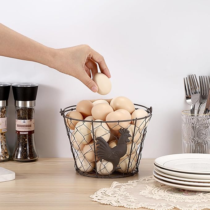 3 PCS 8’’ Farmhouse Egg Collecting Basket with Wood Handle, Rustic Metal Wire Chicken Eggs Holder Basket for Countertop Kitchen, Wire Egg Basket Vintage Style, Round, Rooster Pattern