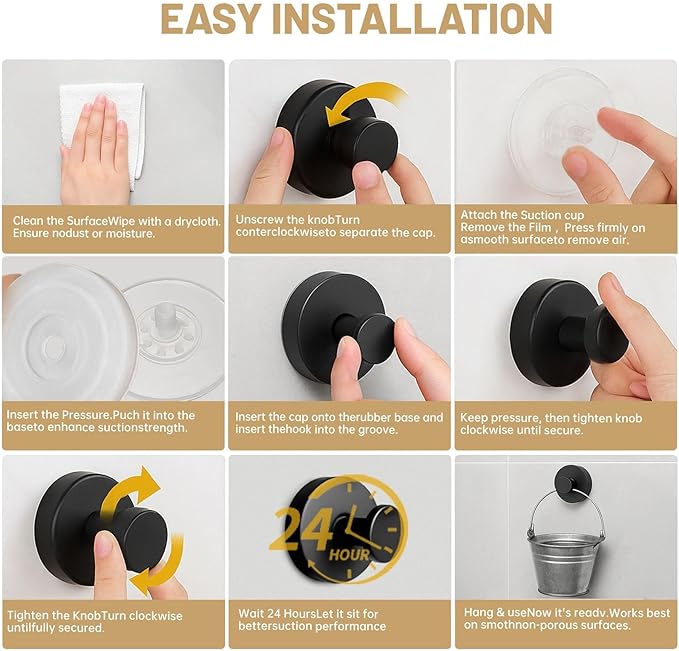 4Pcs Suction Cup Hooks, Wreath Hangers for Front Door, Strong Hold No Drill Hangers for Bathroom, Kitchen, Glass, Tile, Perfect for Wreaths (Black)
