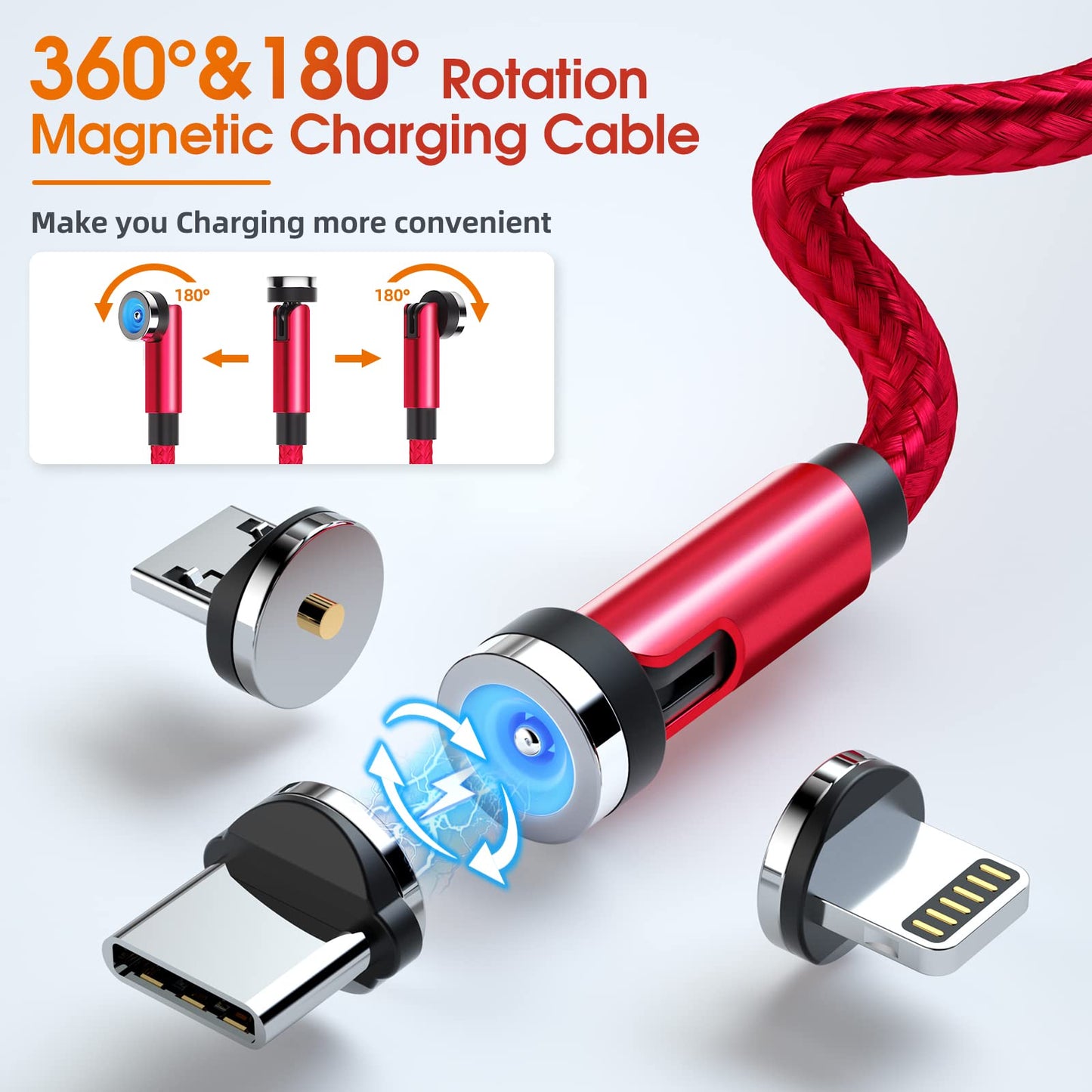 5-Pack Magnetic Charging Cable [3/3/6/10/10Ft] 3 In 1 Magnetic Phone Charger 360&180 Rotating Cable With Led Light Nylon Braided