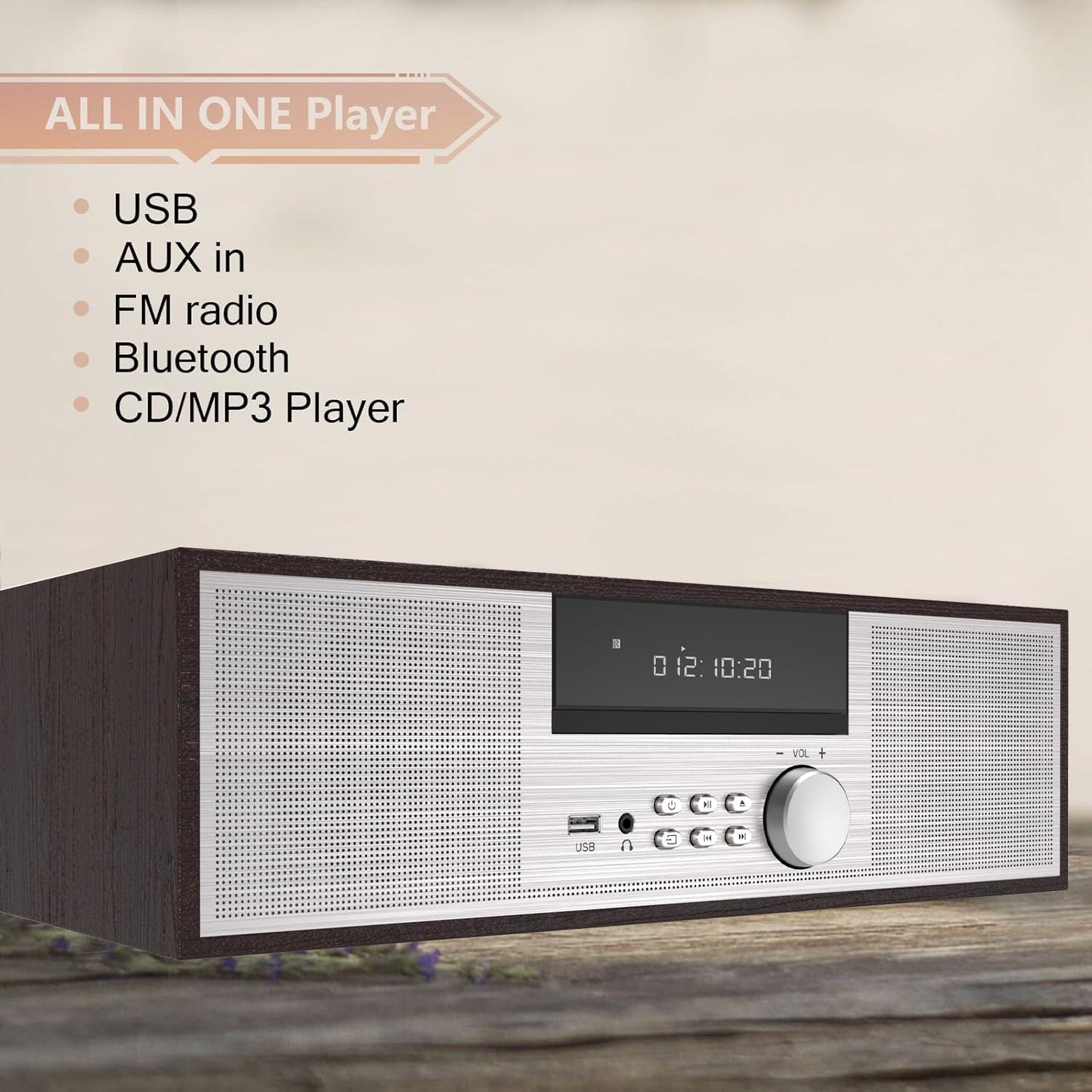 LONPOO Stereo Shelf System LP-816, Vintage CD Player, 40W RMS, Bluetooth, FM Radio, USB, Aux-in, Silver
