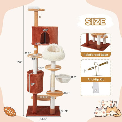 Erinnyees Cat Tree with Football Design, 74 Inches Cat Tower, Cozy Cat Cave Bed for Indoor Cats, 2 Cat Spacious Condos with Sisal Scratching Post, 5 Perches, Hammock and 2 Pompoms