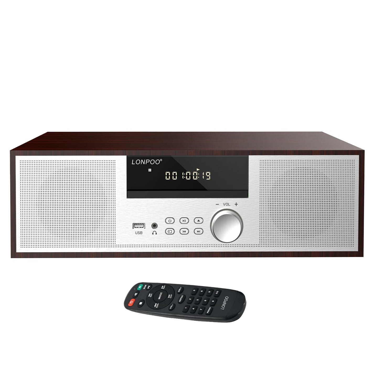 LONPOO Stereo Shelf System LP-816, Vintage CD Player, 40W RMS, Bluetooth, FM Radio, USB, Aux-in, Silver