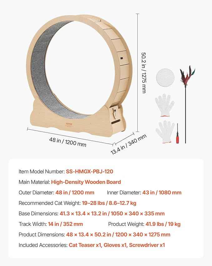 VEVOR Cat Exercise Wheel, 48 in Wooden Cat Running Wheel for Indoor Cats up to 28 lbs, Cats Treadmill with Carpeted Runway & Locking Mechanism, Quiet Roller Kitten Sport Toys for Pets Fitness & Health