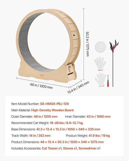 VEVOR Cat Exercise Wheel, 48 in Wooden Cat Running Wheel for Indoor Cats up to 28 lbs, Cats Treadmill with Carpeted Runway & Locking Mechanism, Quiet Roller Kitten Sport Toys for Pets Fitness & Health