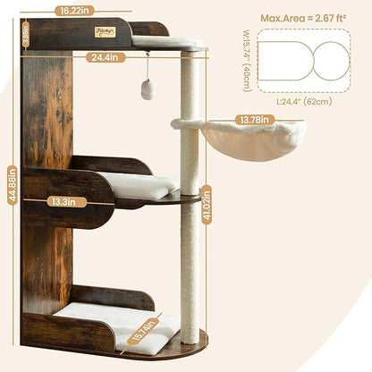 Modern Wood Cat Tree Tower for Indoor Large Cats, Cat Scratching Posts with Big Perch Bed, 44.8" Tall Multi-Level Wooden Cat Condo with Hammock, Removable Pads, Kitty Furniture, Rustic Brown