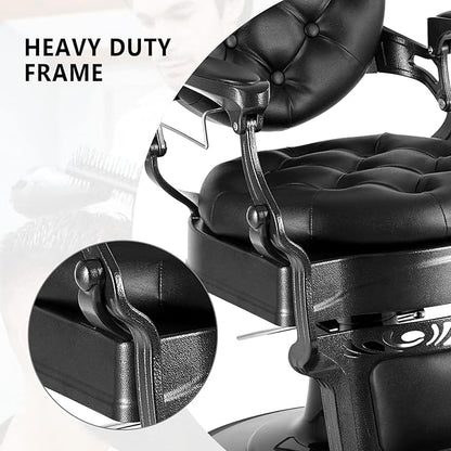 OmySalon Vintage Barber Chair All Purpose Heavy Duty, Hydraulic Recline Salon Beauty Styling Chair Retro Black, 360 Degree Swivel for Hair Stylist Tattoo, Round Base, Tufted Button