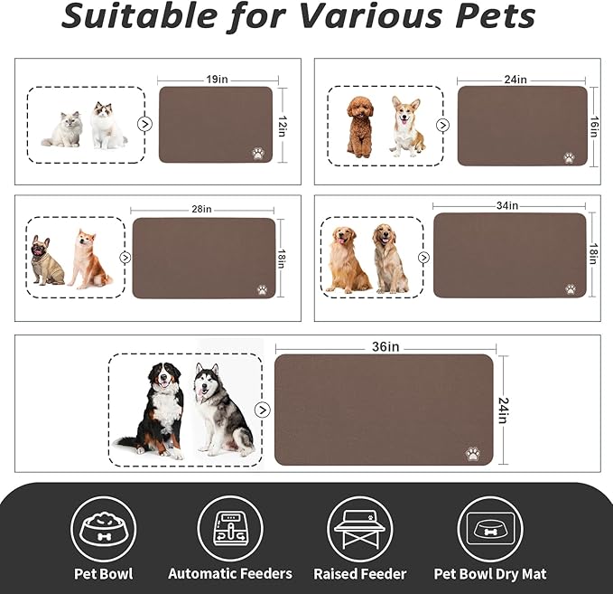 Dog Food Mat - Absorbent Cat Mat for Food and Water, No Stains Pet Feeding Bowl Mat, Easy to Clean Pet Placemats, Quick Dry Dog Water Dispenser Mat for Messy Drinkers | Paw Brown 18"x 28"