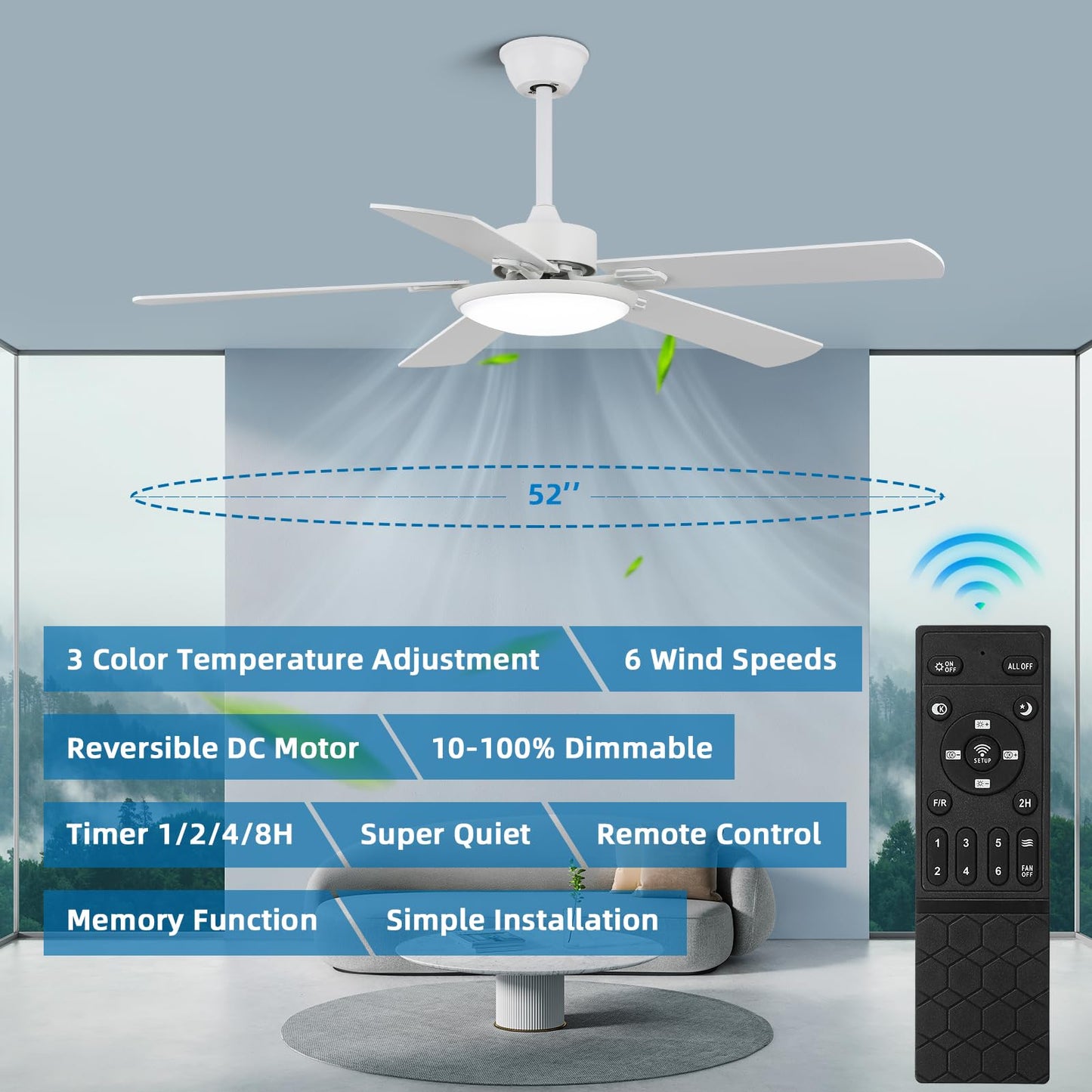 Rienaza 52 Inch Ceiling Fans With Lights And Remote Control,White Ceiling Fan With Light,Reversible,3Cct,Dimmable, Noiseless,Mod