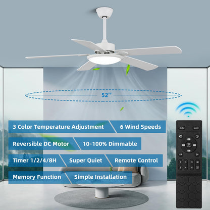 Rienaza 52 Inch Ceiling Fans With Lights And Remote Control,White Ceiling Fan With Light,Reversible,3Cct,Dimmable, Noiseless,Mod