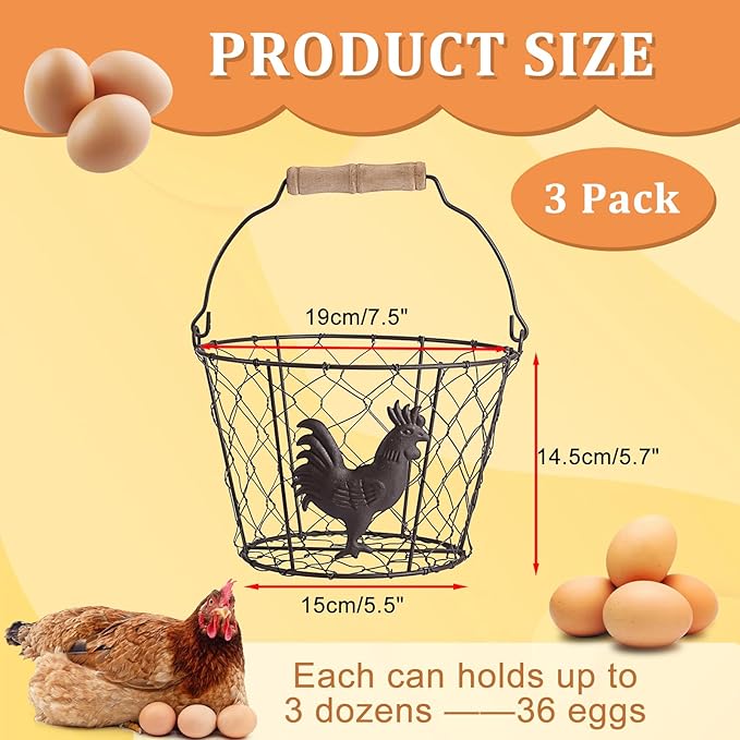 3 PCS 8’’ Farmhouse Egg Collecting Basket with Wood Handle, Rustic Metal Wire Chicken Eggs Holder Basket for Countertop Kitchen, Wire Egg Basket Vintage Style, Round, Rooster Pattern