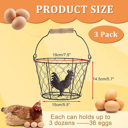 3 PCS 8’’ Farmhouse Egg Collecting Basket with Wood Handle, Rustic Metal Wire Chicken Eggs Holder Basket for Countertop Kitchen, Wire Egg Basket Vintage Style, Round, Rooster Pattern
