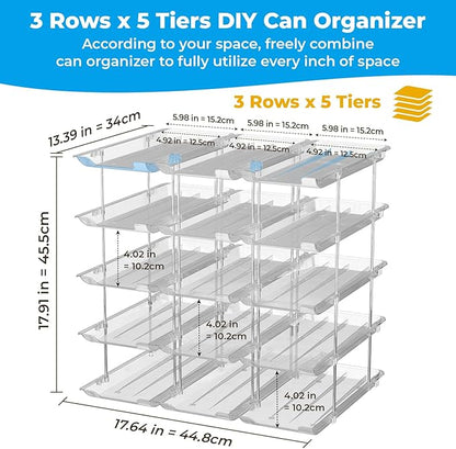 Stackable 5 Tiers Can Organizer Pantry, Canned Food Holder for Fridge Holds 60 Cans, Free Combination & Automatic Rolling, Space Saving Storage for Refrigerator Kitchen Pantry, Clear
