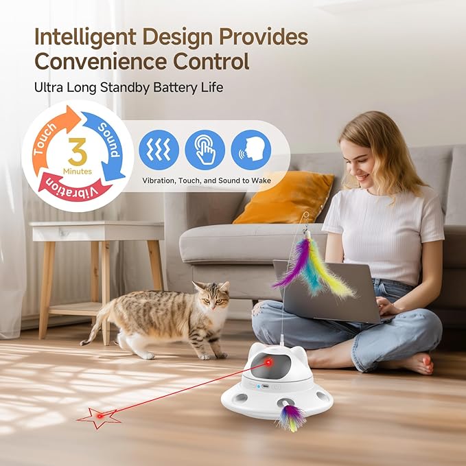 Cat Laser Toy, Automatic 3in1 Interactive Laser Pointer Toy for Indoor Cats, 5 Adjustable Red Lazer Light Pattern, Smart Sensor Auto Cat Feather Wand Kitten Toy, Keep Busy Chase Play, USB Rechargeable