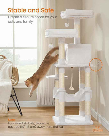 Feandrea Cat Tree, 56.3-Inch Cat Tower, Multi-Level Plush Condo with 11 Scratching Posts, 2 Perches, Hammock, Cave, Cream White UPCT015W02