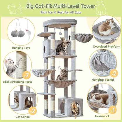 Taoqimiao 72 Inch Cat Tree, XXL Cat Tower for Indoor Cats Large Adult 25Lbs+, Extra-Large Platform, 2 Cat Houses, 7 Scratching Post, Extra-Sized Durable Hammock, Cozy Basket, Light Gray, F20W