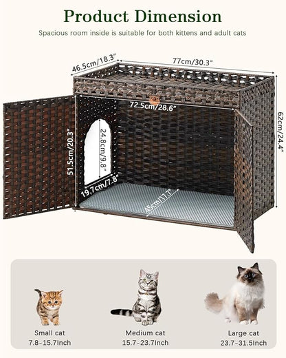 Cat Litter Box Enclosure Furniture, Handwoven Rattan Hidden Litter Box with Mat, Large Space Cat House with 2 S-Shaped Hooks, 30.3 x 18.3 x 24.4 Inches, Indoor for Living Room Apartment Brown
