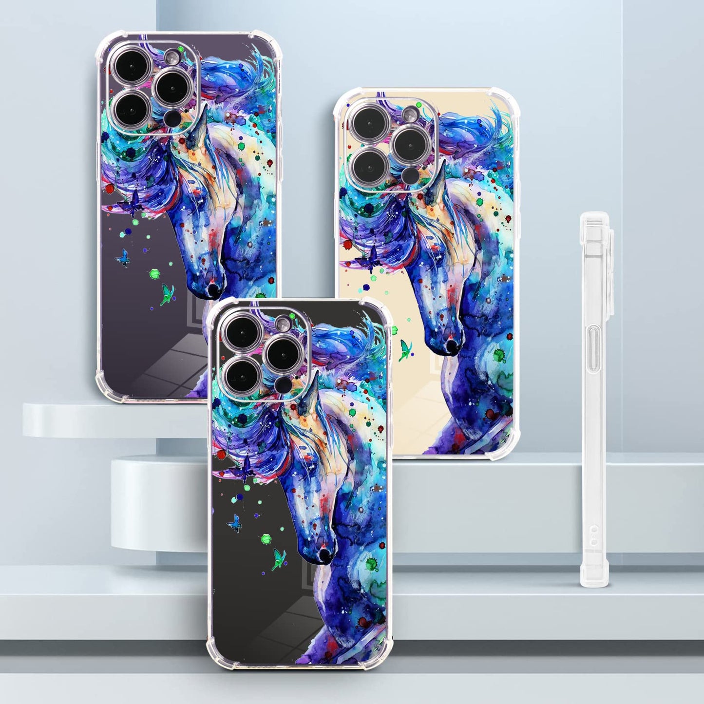 Roemary Purple Case For Iphone 12 With Blue Horse Design,Watercolor Pattern With Screen Protector [Buffertech 6.6 Ft Drop Impact