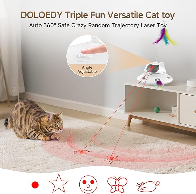 Cat Laser Toy, Automatic 3in1 Interactive Laser Pointer Toy for Indoor Cats, 5 Adjustable Red Lazer Light Pattern, Smart Sensor Auto Cat Feather Wand Kitten Toy, Keep Busy Chase Play, USB Rechargeable