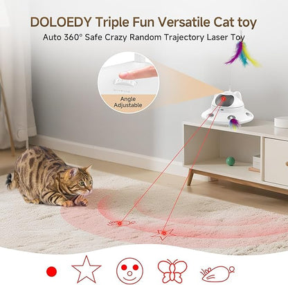 Cat Laser Toy, Automatic 3in1 Interactive Laser Pointer Toy for Indoor Cats, 5 Adjustable Red Lazer Light Pattern, Smart Sensor Auto Cat Feather Wand Kitten Toy, Keep Busy Chase Play, USB Rechargeable