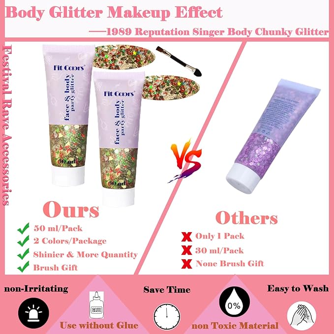 Body Glitter Face Glitter Gel: Singer Concerts Disco Festival Rave Accessories Face Glitter Makeup Chunky Sequins Mermaid Face Body Hair Glitter Gel (2 Mixed Colors)
