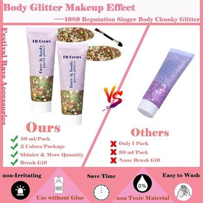 Body Glitter Face Glitter Gel: Singer Concerts Disco Festival Rave Accessories Face Glitter Makeup Chunky Sequins Mermaid Face Body Hair Glitter Gel (2 Mixed Colors)