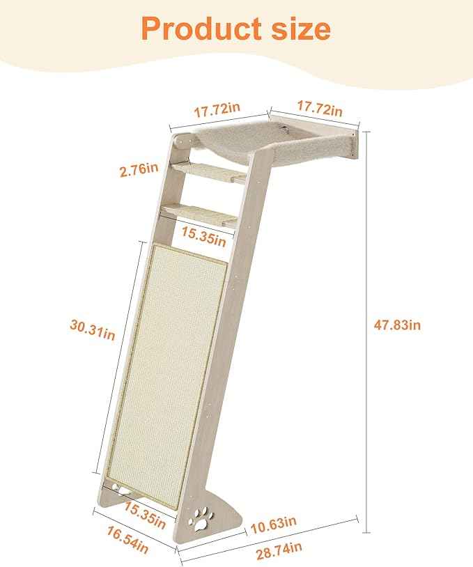Cat Window Perch with Scratching Pad, 51'' Climbing Tree Include Hammock Cat Ladder with 2 Suction Cups for Sleeping, Playing and Watching Bird