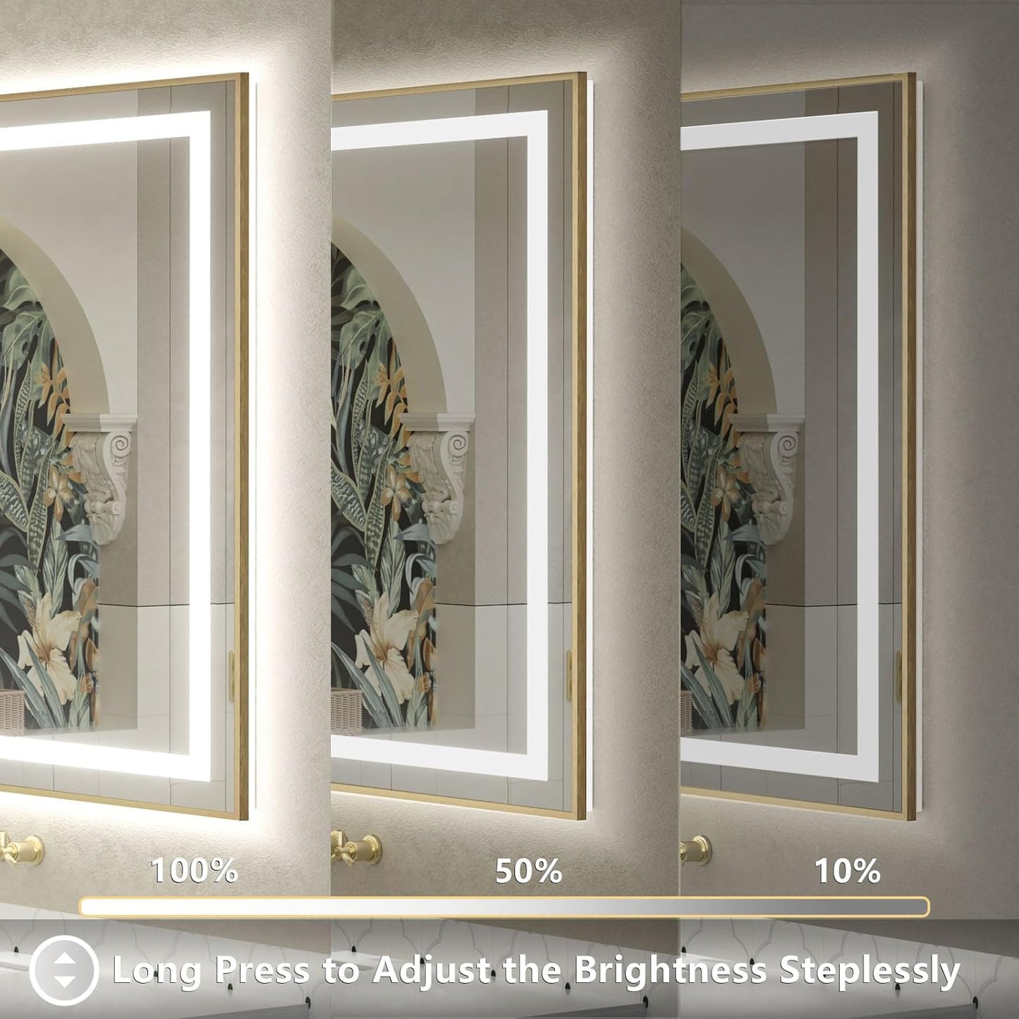 OKPAL 60x28 LED Bathroom Mirror Gold Metal Framed Front Light & Backlit, Lighted Vanity Mirror, Anti-Fog, Dimmable, 3 Colors, Shatterproof, ETL Listed, Horizontal/Vertical