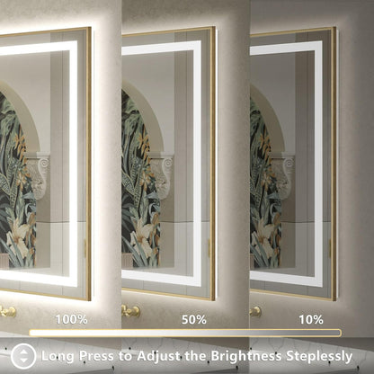 OKPAL 60x28 LED Bathroom Mirror Gold Metal Framed Front Light & Backlit, Lighted Vanity Mirror, Anti-Fog, Dimmable, 3 Colors, Shatterproof, ETL Listed, Horizontal/Vertical