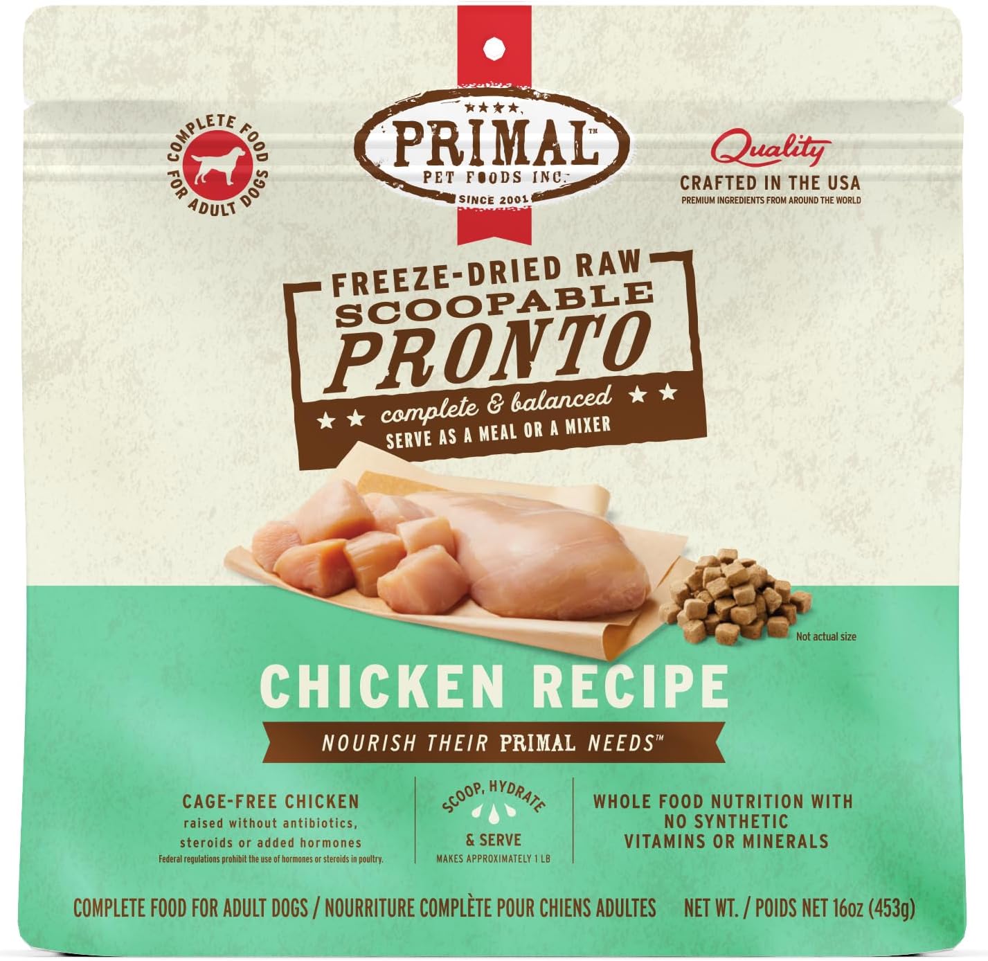 Primal Freeze Dried Dog Food, Pronto Mini Nuggets, Chicken; Scoop & Serve, Complete & Balanced Meal; Also Use As Topper or Treat; Premium, Healthy, Grain Free, High Protein Raw Dog Food (16 oz)
