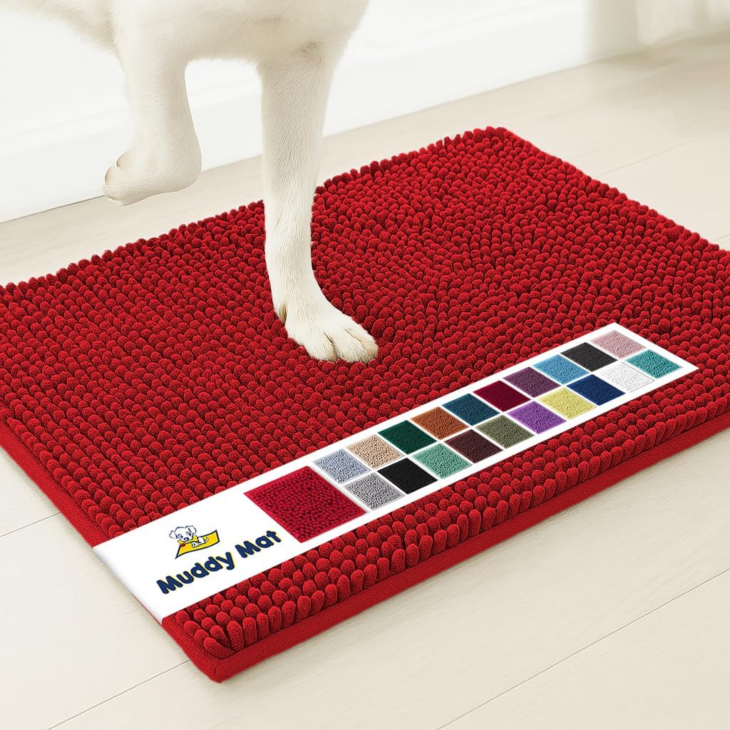 Muddy Mat® Shown on TV – Super Absorbent Microfiber Dog Door Mat for Muddy Paws, Non-Slip Washable Pet Rug, Quick Dry Chenille Entryway Carpet, Machine Washable Indoor Outdoor mat, Red 28"x18"