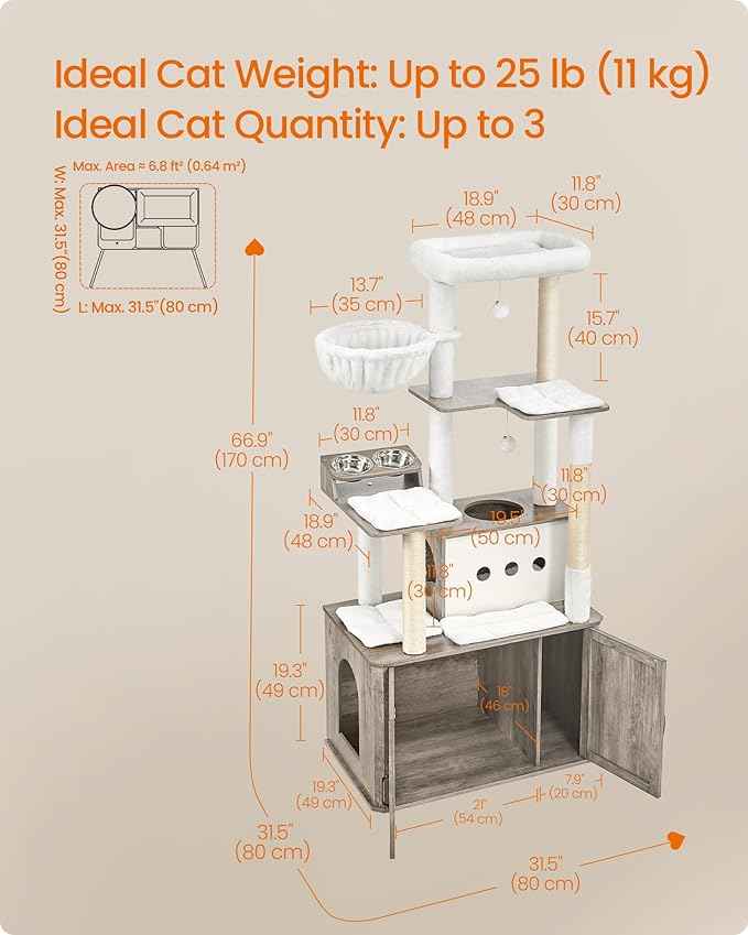 Feandrea Cat Tree, 66.9-Inch Cat Tower with Litter Box Enclosure, Large Condo with Food Station, Storage, Scratching Posts, Cave, Hammock, Washable Cushions, Heather Greige UPCT169K02