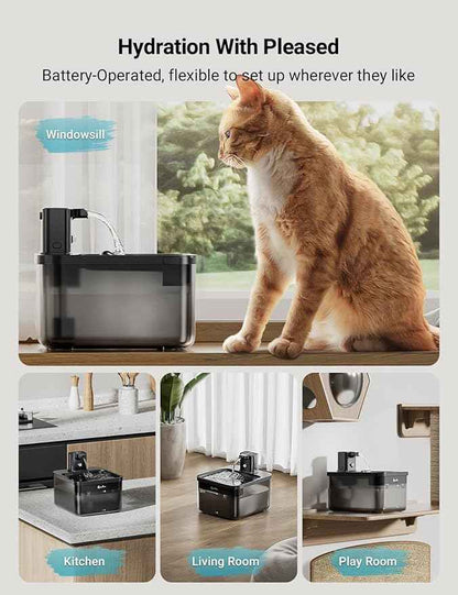 DownyPaws Cat Water Fountain Cordless, 84oz/2.5L Fursink Wireless Pet Water Fountains for Cats Indoor, Battery Operated Cat Drinking Fountain with Motion Sensor, Ultra Quiet Pump, BPA-Free, Black