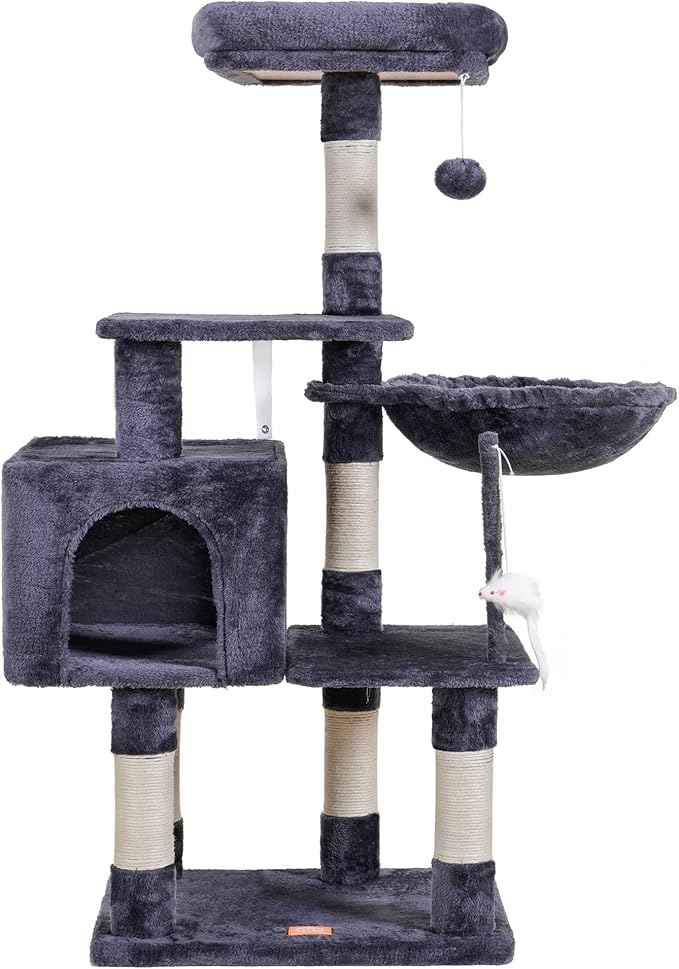 Heybly Cat Tree with Toy, Cat Tower Condo for Indoor Cats, Cat House with Padded Plush Perch, Cozy Hammock and Sisal Scratching Posts, Smoky Gray HCT004G
