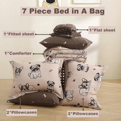 Kids Comforter Set 7 Piece Bedding Cute Dog Cartoon Animal Bed Microfiber Comforter Queen Size All Season (1 Comforter, 1 Flat Sheet, 1 Fitted Sheet, 4 Pillowcase)