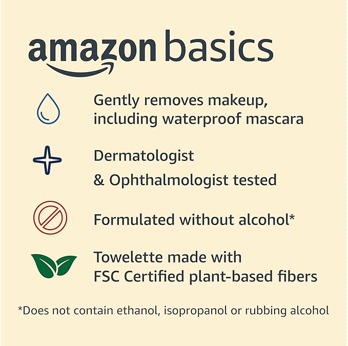 Amazon Basics Makeup Remover Wipes, Fragrance and Alcohol-Free, Gentle Cleansing, Removes Waterproof Mascara, Dermatologist Tested, 25 Count, Pack of 6
