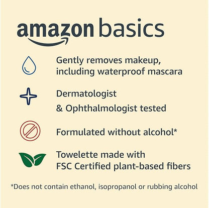 Amazon Basics Makeup Remover Wipes, Fragrance and Alcohol-Free, Gentle Cleansing, Removes Waterproof Mascara, Dermatologist Tested, 25 Count, Pack of 6