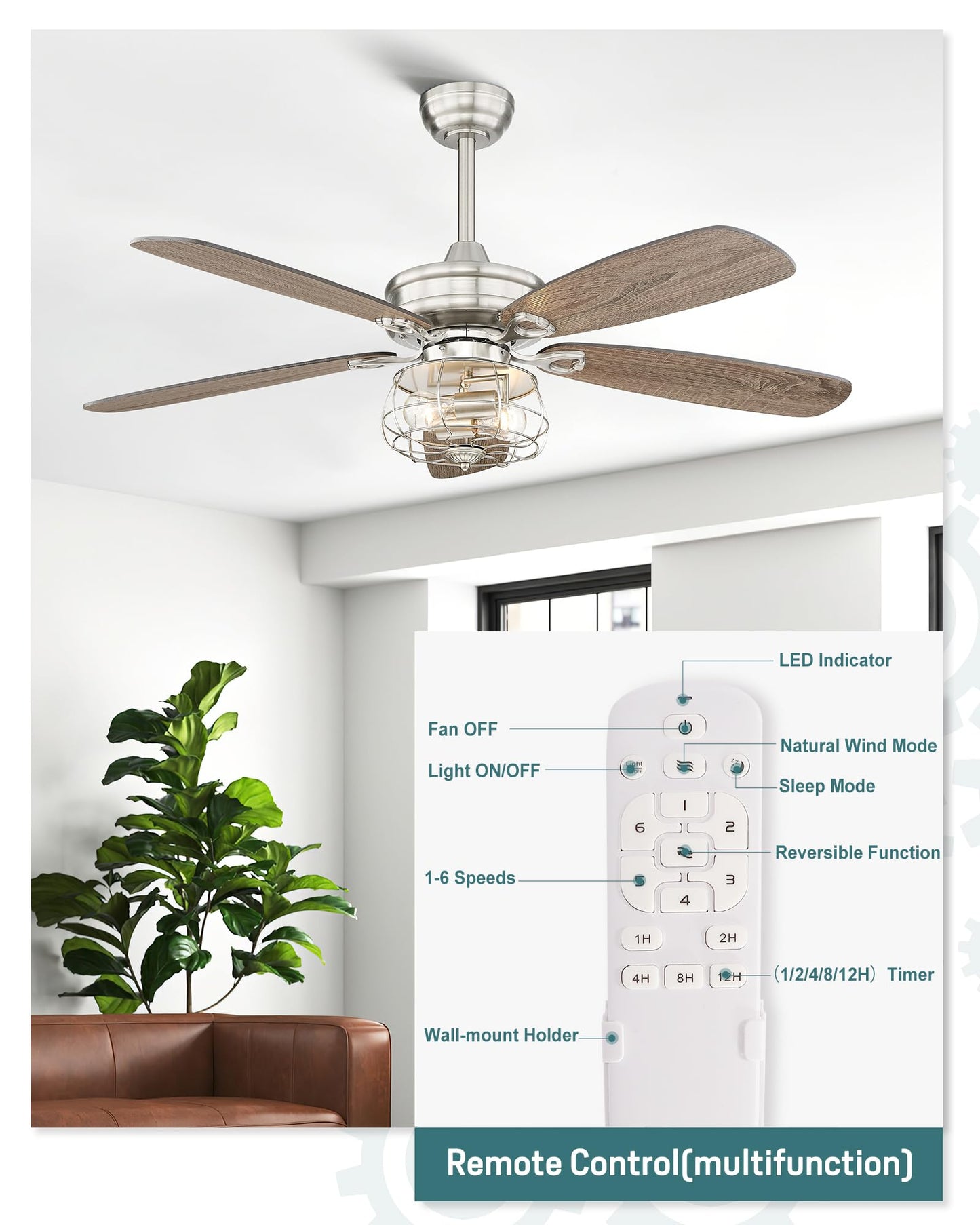 Melkelen Farmhouse Ceiling Fan, 52 Inch Ceiling Fan With Light And Remote Control, Rustic Dual Wood Finish Blades, Industrial Ca
