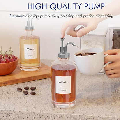16.9 oz/500 ml Coffee Syrup Dispenser Set - 6 Glass Bottles with Silver Pumper and Syrup Labels - Precise Dispensing and Stylish Addition to Coffee Shop, Cafe or Home Bar
