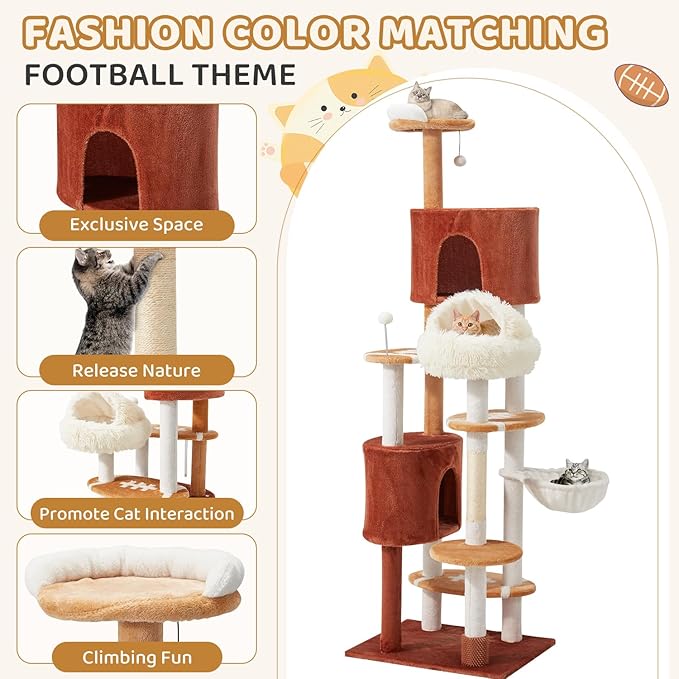 Erinnyees Cat Tree with Football Design, 74 Inches Cat Tower, Cozy Cat Cave Bed for Indoor Cats, 2 Cat Spacious Condos with Sisal Scratching Post, 5 Perches, Hammock and 2 Pompoms