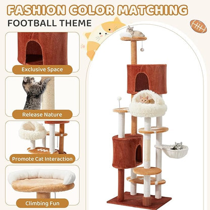 Erinnyees Cat Tree with Football Design, 74 Inches Cat Tower, Cozy Cat Cave Bed for Indoor Cats, 2 Cat Spacious Condos with Sisal Scratching Post, 5 Perches, Hammock and 2 Pompoms