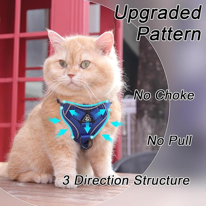 Cat Harness and Leash Set, Upgraded Escape Proof Adjustable Kitten Vest with Lead for Small Cat Outdoor Walking, Soft Breathable Mesh Jacket with Reflective Strips for Dark Night S Klein Blue