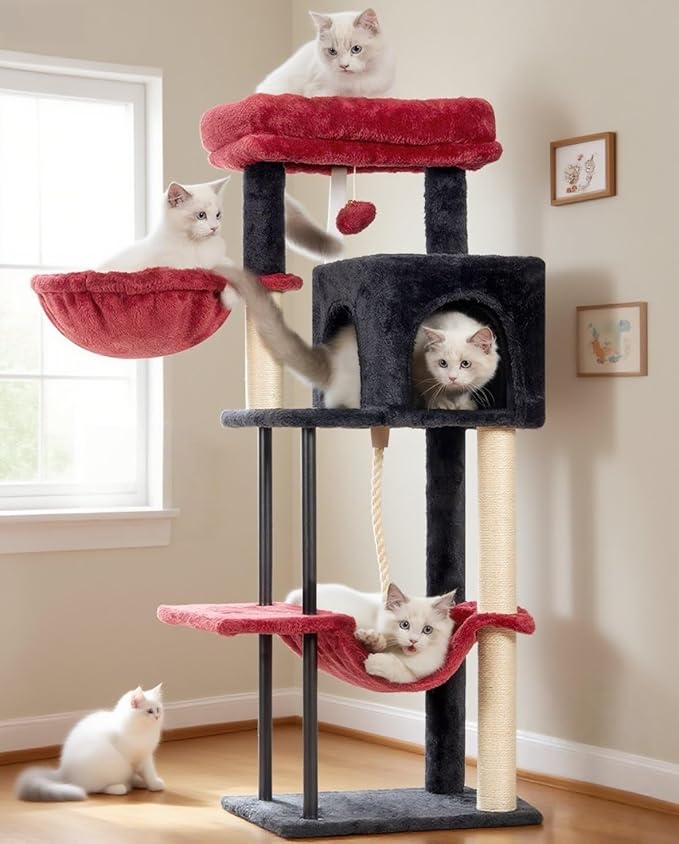 Cat Tree, Cat Tower for Indoor Cats, 43.3 inch Gothic Cat Tree Tower with Sturdy Steel Tube, Hammock, Cat Condo for Small Cats and Kittens, Scratching Post, Black and red GCT004SBR