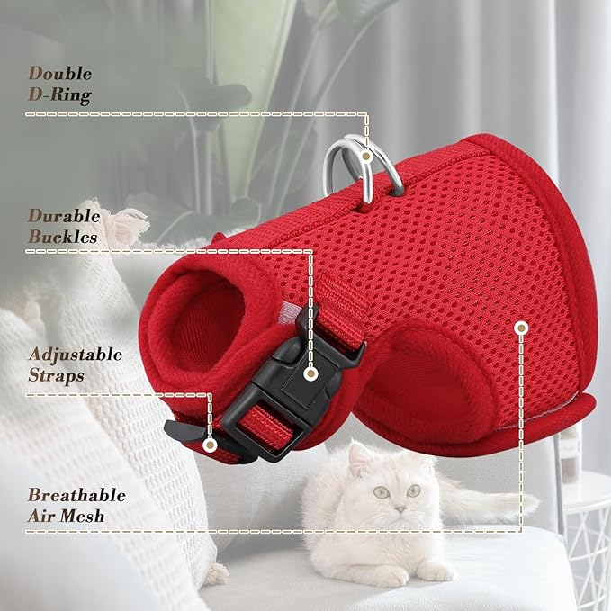 Athena Collection Adjustable Cat Harness with Velcro, Portable Small Sized Cat Vest Harness Breathable Comfy Escape Proof Cat Kitten Harness Pet Supplies for Outdoor Walking, Training, Red